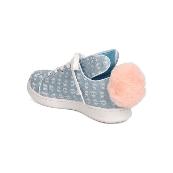 NWT / NIB Qupid blue denim-like bunny ear lace up faux fur pom pom sneakers - Picture 4 of 14